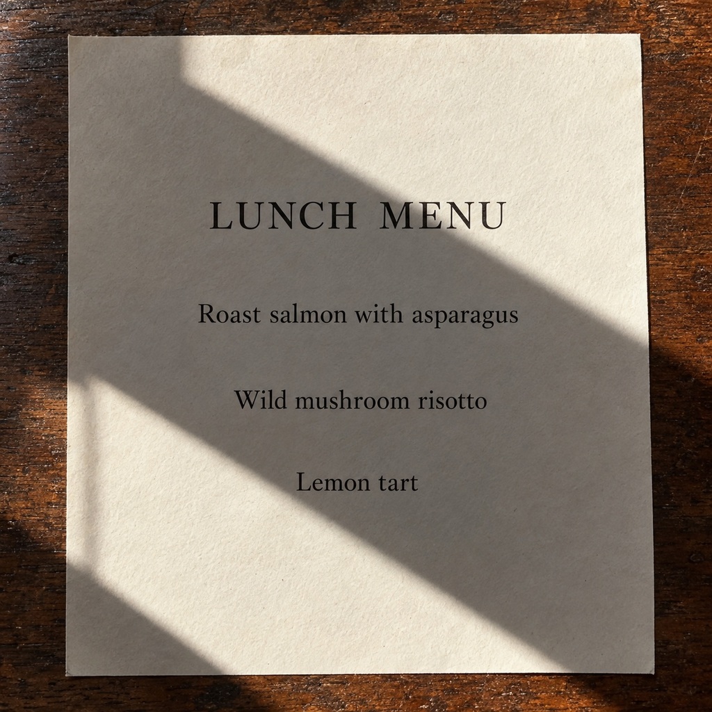 Restaurant menu with a hard window shadow — original photo